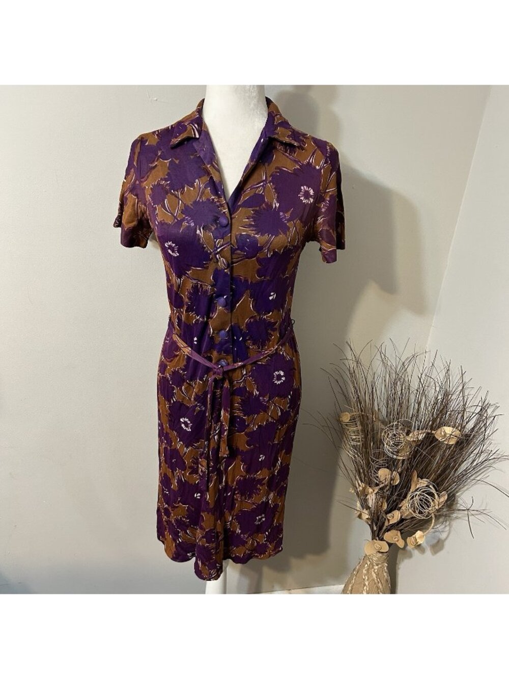Vtg 50s Handmade Purple Orange Floral Collared Shirt Dress Jersey Belt Sz S Flaw